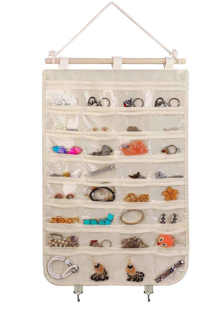 BB Brotrade Hanging Jewelry Organizer,Accessories Organizer,32 Pocket Organizer for Holding Jewelries (Beige-32 Pockets) - Image 1