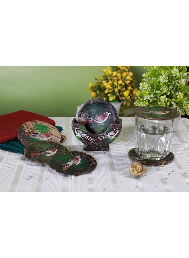 Shivay Craft Soapstone bird handprinted round tea coasters set of 6. - Image 2