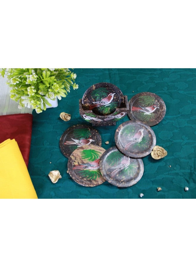 Shivay Craft Soapstone bird handprinted round tea coasters set of 6. - Image 4