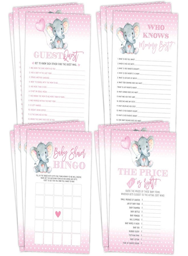 Your Main Event Prints Elephant Girl Baby Shower Games - Bingo, Find The Guest, The Price is Right, Who Knows Mommy Best - 25 Games Each, Printed Front and Back, 1 Game Per Side - Image 1