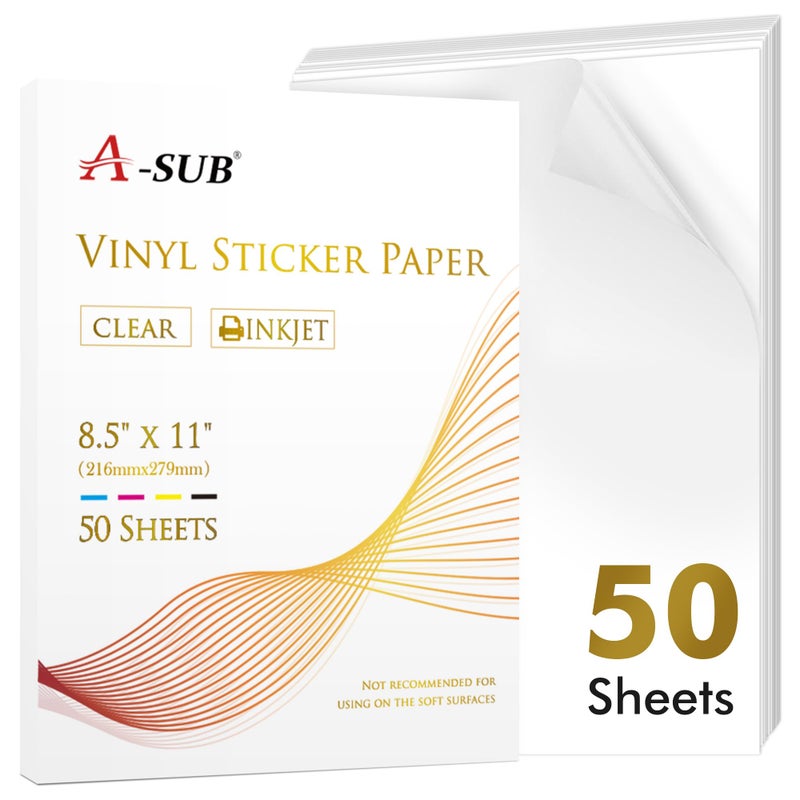 A-SUB Clear Sticker Paper for Inkjet Printers, Waterproof Translucent Printable Vinyl Sticker Paper - 50 Sheets 8.5x11 Inch Glossy Clear Label Paper for Custom Decals - Image 1