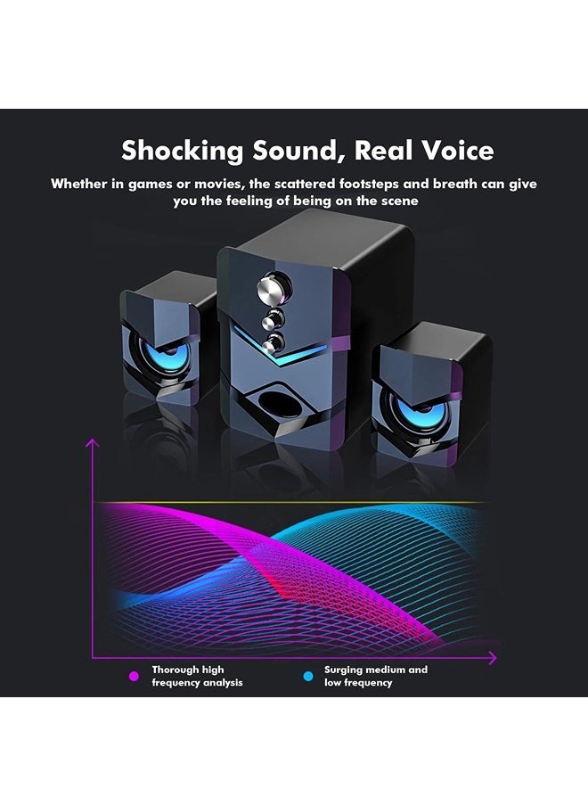 2.1 Channel Desktop Computer Speakers,USB Powered 3.5mm Aux PC Computer Sterto Sound,Strong Bass &  Blue Backlit