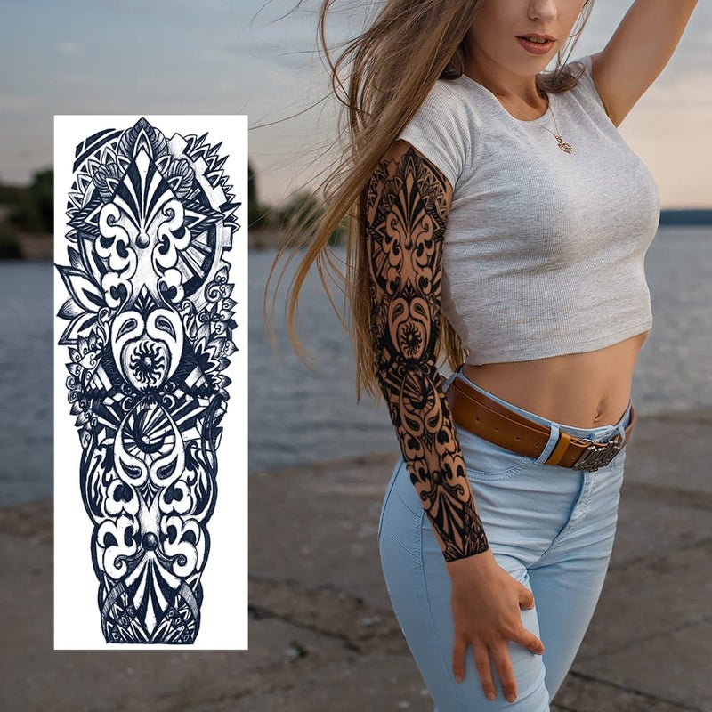 PADOUN Black Totem Flower Skull Temporary Tattoos - 8-Sheet Realistic Sleeve Tattoos for Men and Women, Large Arm Fake Tattoo - Image 4