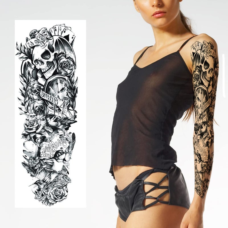 PADOUN Black Totem Flower Skull Temporary Tattoos - 8-Sheet Realistic Sleeve Tattoos for Men and Women, Large Arm Fake Tattoo - Image 3