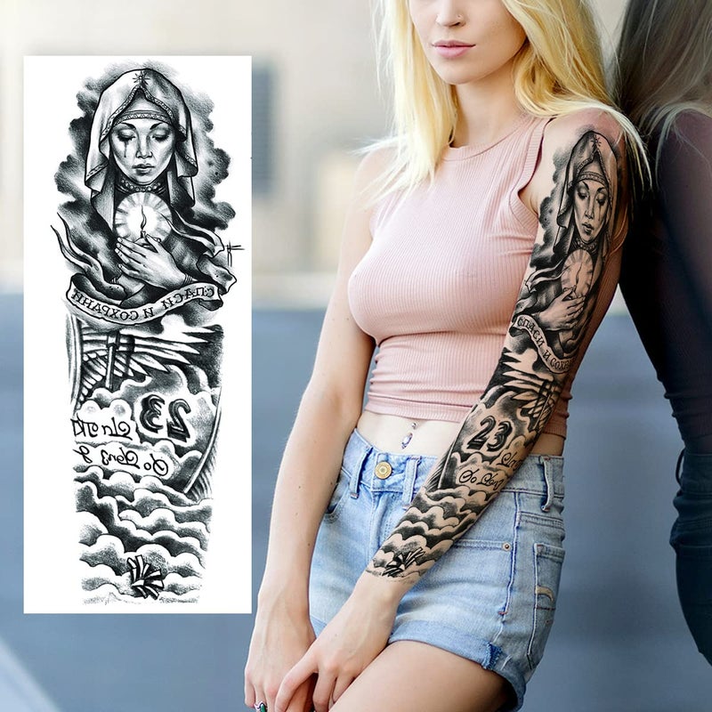 PADOUN Black Totem Flower Skull Temporary Tattoos - 8-Sheet Realistic Sleeve Tattoos for Men and Women, Large Arm Fake Tattoo - Image 2