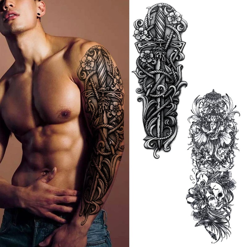 PADOUN Black Totem Flower Skull Temporary Tattoos - 8-Sheet Realistic Sleeve Tattoos for Men and Women, Large Arm Fake Tattoo - Image 5
