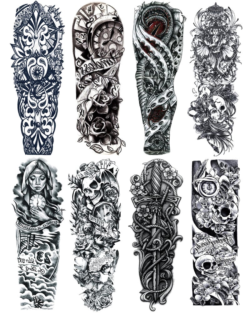 PADOUN Black Totem Flower Skull Temporary Tattoos - 8-Sheet Realistic Sleeve Tattoos for Men and Women, Large Arm Fake Tattoo - Image 1