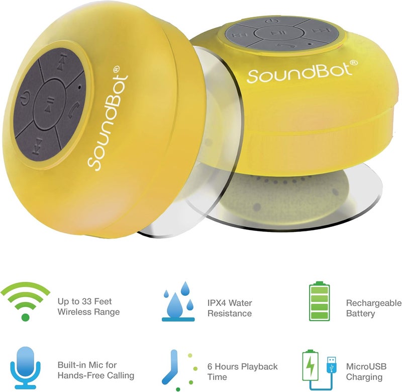 SoundBot ® Waterproof Shower Speaker HD Water Resistant Bluetooth Handsfree Portable with Loud Clear Sounds 6+hrs of Playtime, Wireless Suction Cup Small Durable for Outdoors Travel Home SB510 (Yellow) - Image 3