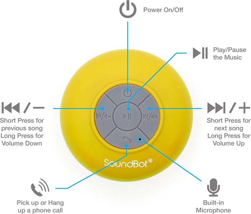 SoundBot ® Waterproof Shower Speaker HD Water Resistant Bluetooth Handsfree Portable with Loud Clear Sounds 6+hrs of Playtime, Wireless Suction Cup Small Durable for Outdoors Travel Home SB510 (Yellow) - Image 2