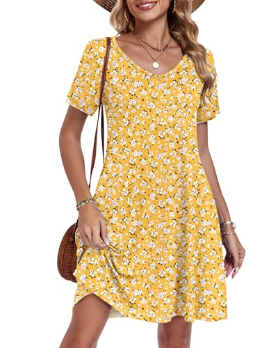 AUSELILY Summer Dresses for Women Short Sleeve V Neck Tshirt Swing Floral Vacation Beach Mini Dress with Pockets 2026 Yellow Floral L - Image 3