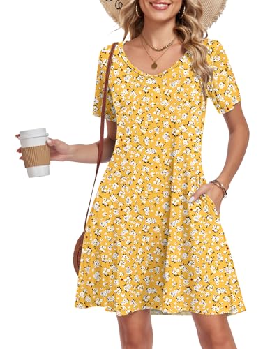 AUSELILY Summer Dresses for Women Short Sleeve V Neck Tshirt Swing Floral Vacation Beach Mini Dress with Pockets 2026 Yellow Floral L - Image 2