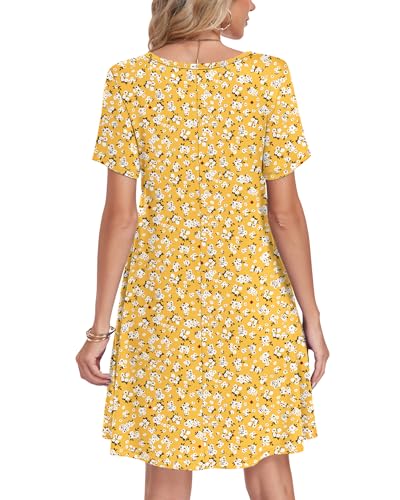 AUSELILY Summer Dresses for Women Short Sleeve V Neck Tshirt Swing Floral Vacation Beach Mini Dress with Pockets 2026 Yellow Floral L - Image 4