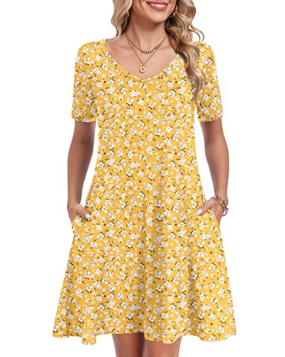 AUSELILY Summer Dresses for Women Short Sleeve V Neck Tshirt Swing Floral Vacation Beach Mini Dress with Pockets 2026 Yellow Floral L - Image 5
