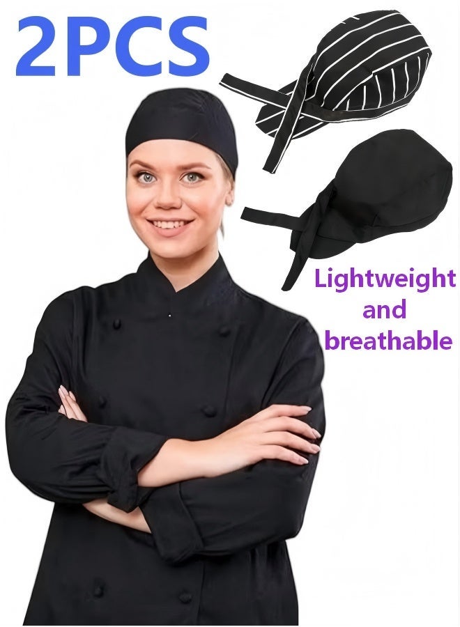 2PCS Adjustable Tie Chef Hat Breathable Lightweight Cooking Hat For Professional Chefs Home Bakers Kitchen Workers Suitable For Cooking Baking Catering Food Service (Black and striped black) - Image 1