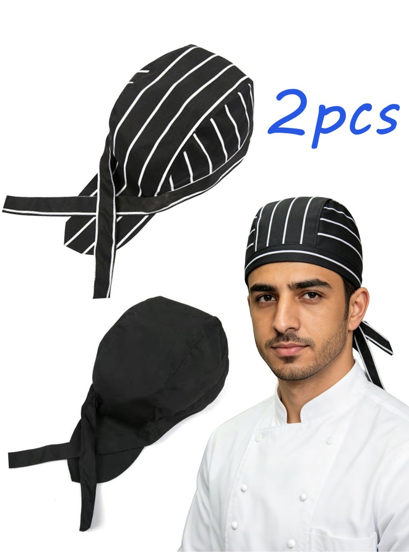 2PCS Adjustable Tie Chef Hat Breathable Lightweight Cooking Hat For Professional Chefs Home Bakers Kitchen Workers Suitable For Cooking Baking Catering Food Service (Black and striped black) - Image 1
