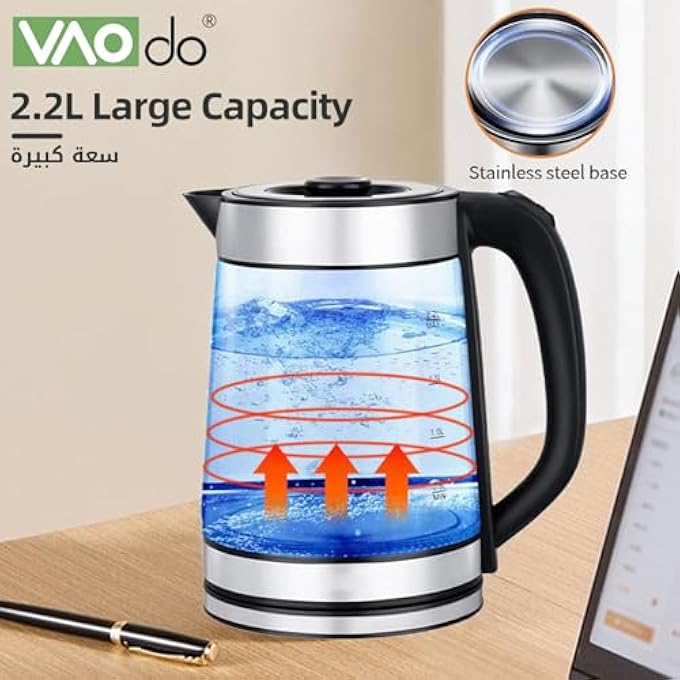 VAOdo 2 In 1 Electric Kettle 22L Electric Kettle 08L Glass Tea Maker Turkish Electric Tea Maker Stainless Steel Double Teapot With Washable Filter Removable Flat Surface - Image 5