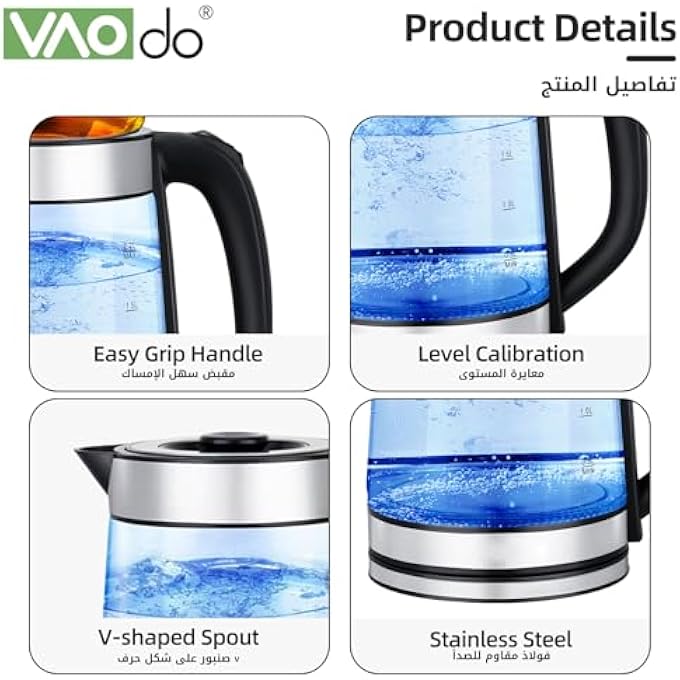 VAOdo 2 In 1 Electric Kettle 22L Electric Kettle 08L Glass Tea Maker Turkish Electric Tea Maker Stainless Steel Double Teapot With Washable Filter Removable Flat Surface - Image 3