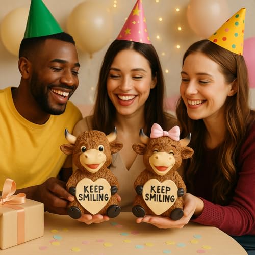 iStatue 2-Pack Highland Cow Resin Figurine 3.6 Inch – Cute Keep Smiling Gift for Christmas, Valentine’s Day, Birthday, Friendship Desk Decor & Home Display (Brown Highland Cow) - Image 3