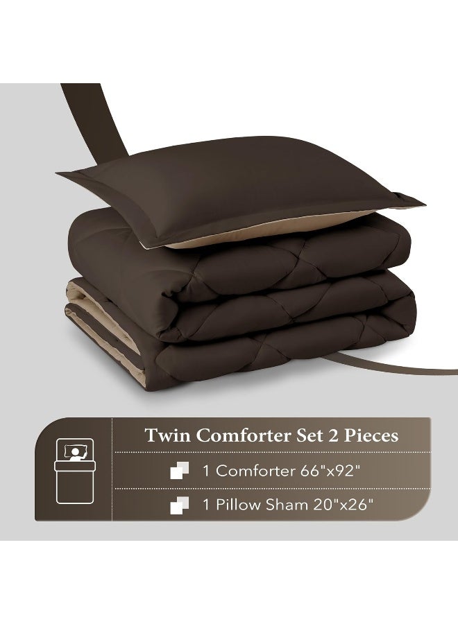 downluxe Twin Comforter Set Brown and Tan Twin Comforter Soft Bedding Sets for All Seasons 2 Pieces 1 Comforter 66x92 and 1 Pillow Sham20x26 - Image 2