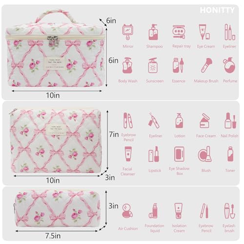 honitty Makeup Bag,Quilted Cosmetic Bag,Large Floral Make Up Bag for Women,Cotton Makeup Bag Set,Flower Travel Toiletry Bag - Image 2