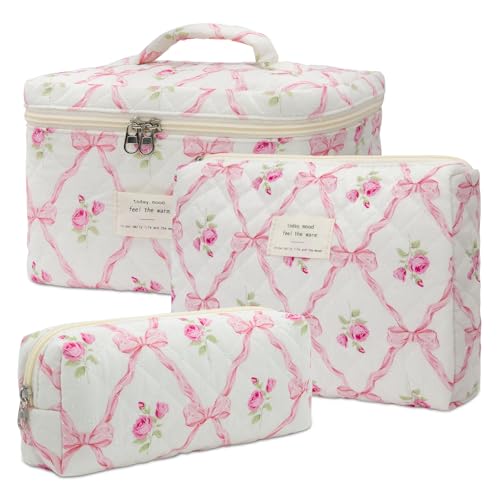 honitty Makeup Bag,Quilted Cosmetic Bag,Large Floral Make Up Bag for Women,Cotton Makeup Bag Set,Flower Travel Toiletry Bag - Image 1