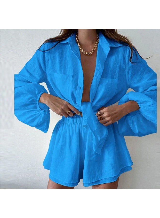 general 2025 - 2026 Women's Solid Color Ruffled Shorts and Blouse Set - Two-Piece Set - Image 1