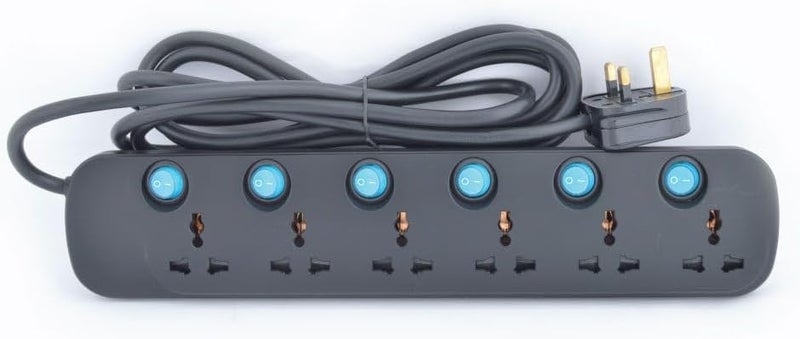 Terminator 13A 6 Way Universal Power Extension Socket with 5 Meter Cable - Black/Blue