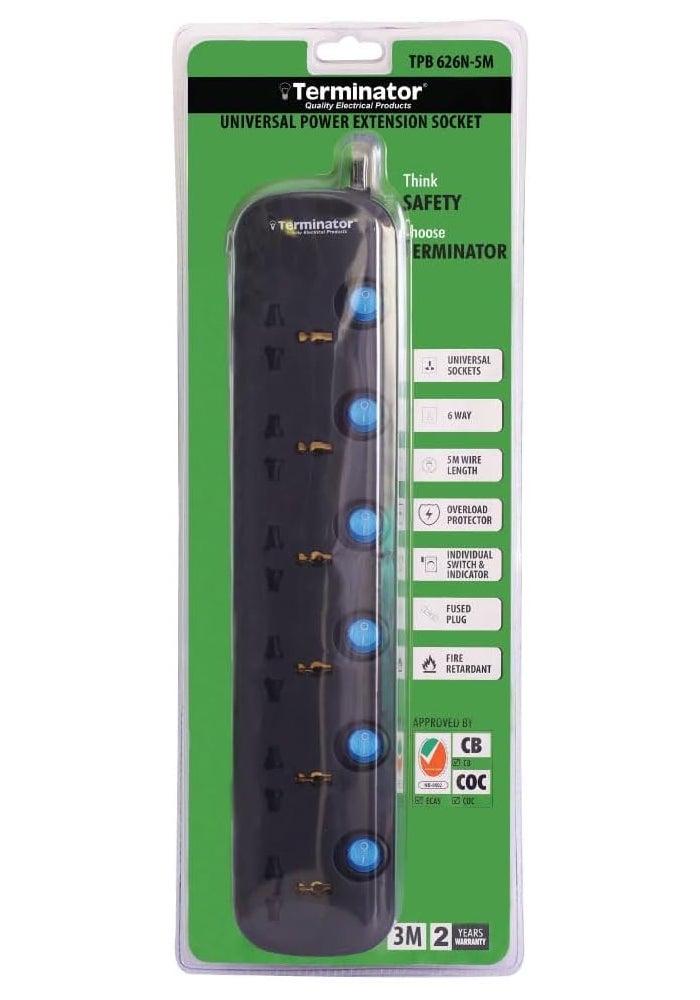 Terminator 13A 6 Way Universal Power Extension Socket with 5 Meter Cable - Black/Blue - Image 1