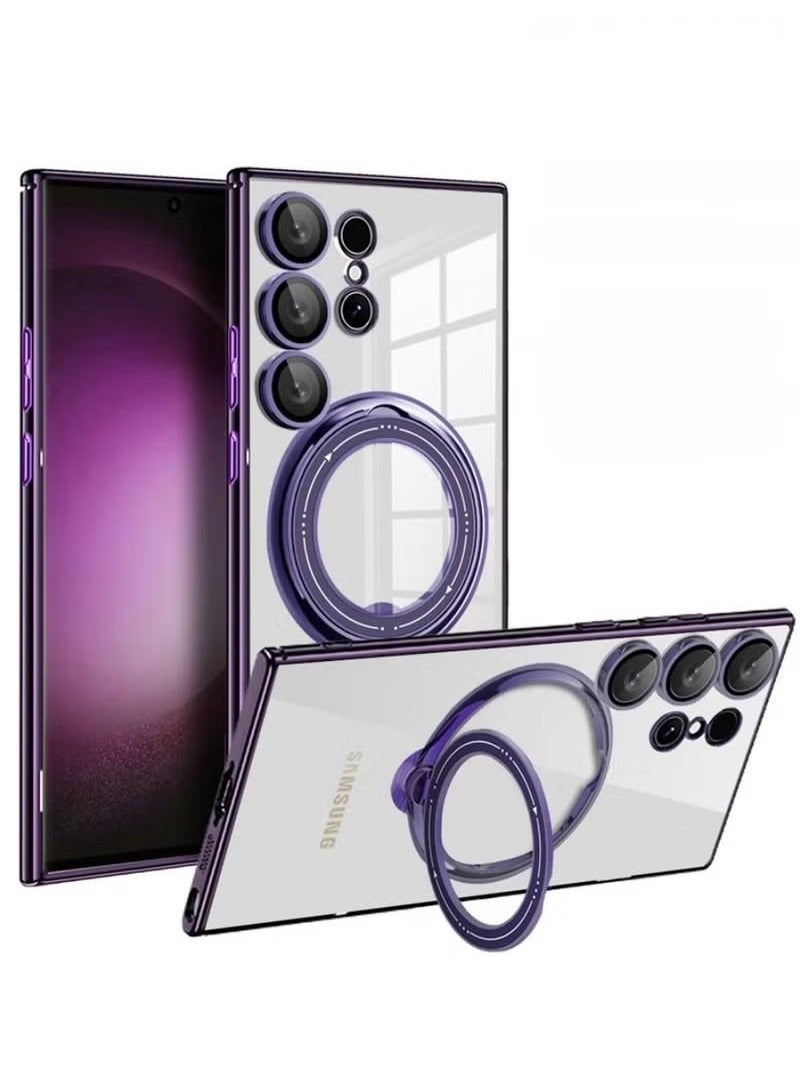 جراب شفاف لهاتف Samsung S24 Ultra مع حامل حلقي مغناطيسي، متوافق مع جرابات الهواتف الفاخرة الصلبة المقاومة للصدمات والسقوط مع غطاء حماية لعدسة الكاميرا (S24 Ultra، أرجواني) - Image 1