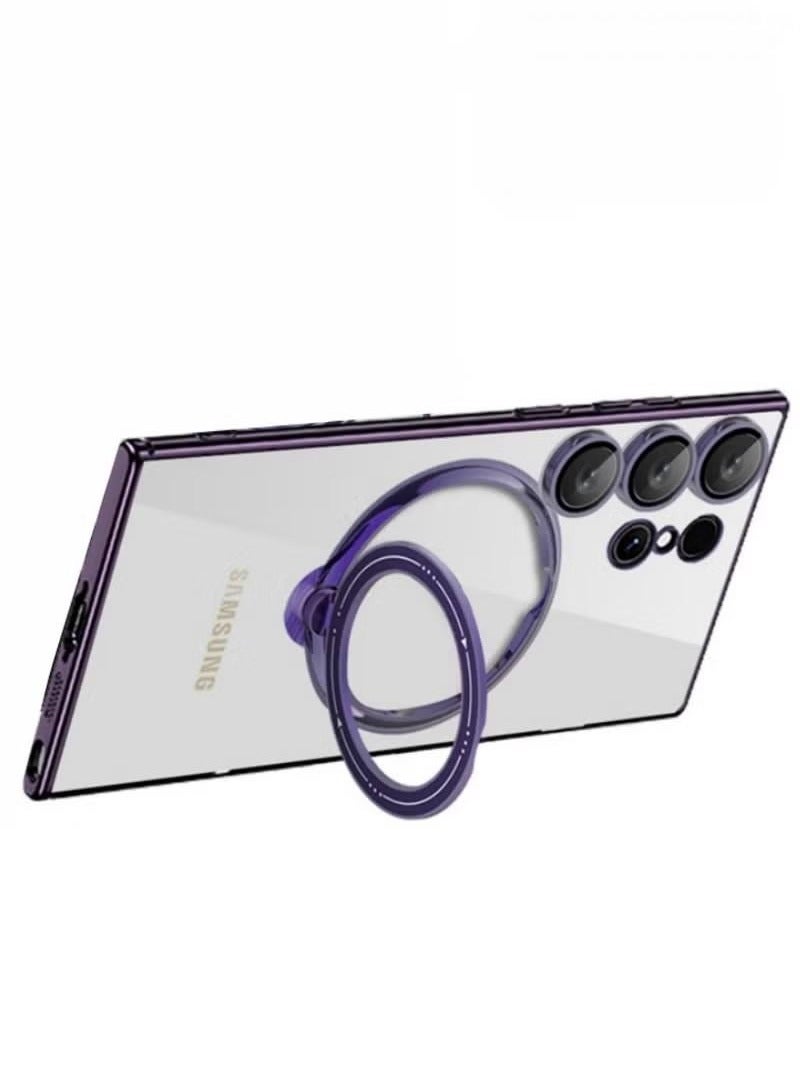 جراب شفاف لهاتف Samsung S24 Ultra مع حامل حلقي مغناطيسي، متوافق مع جرابات الهواتف الفاخرة الصلبة المقاومة للصدمات والسقوط مع غطاء حماية لعدسة الكاميرا (S24 Ultra، أرجواني) - Image 2
