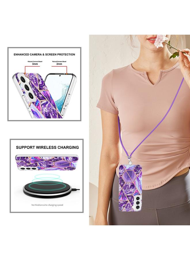 اس-توب جراب لهاتف Samsung Galaxy S23 5G مطلي بالكهرباء IMD Splicing جراب هاتف TPU رخامي مزدوج الجوانب مع حبل - Image 4
