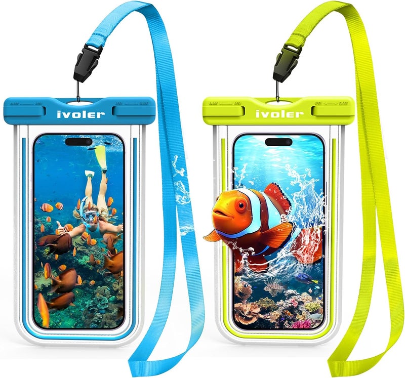 ivoler Waterproof Phone Pouch, [2 Pack] IPX8 Fluorescent Design Universal Waterproof Case Dry Bag for Ourdoor Sports Compatible for iPhone, Samsung and Other 6.5" or Smaller Devices (Blue + Green) - Image 1