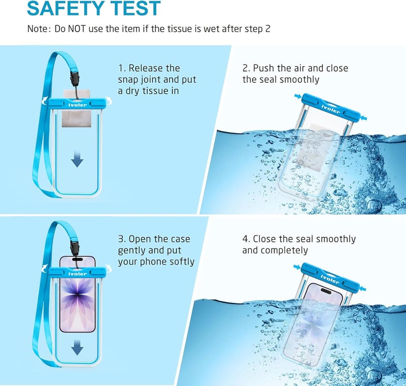 ivoler Waterproof Phone Pouch, [2 Pack] IPX8 Fluorescent Design Universal Waterproof Case Dry Bag for Ourdoor Sports Compatible for iPhone, Samsung and Other 6.5" or Smaller Devices (Blue + Green) - Image 3