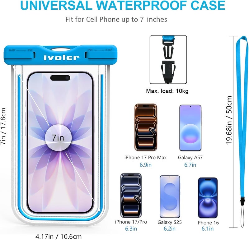 ivoler Waterproof Phone Pouch, [2 Pack] IPX8 Fluorescent Design Universal Waterproof Case Dry Bag for Ourdoor Sports Compatible for iPhone, Samsung and Other 6.5" or Smaller Devices (Blue + Green) - Image 2