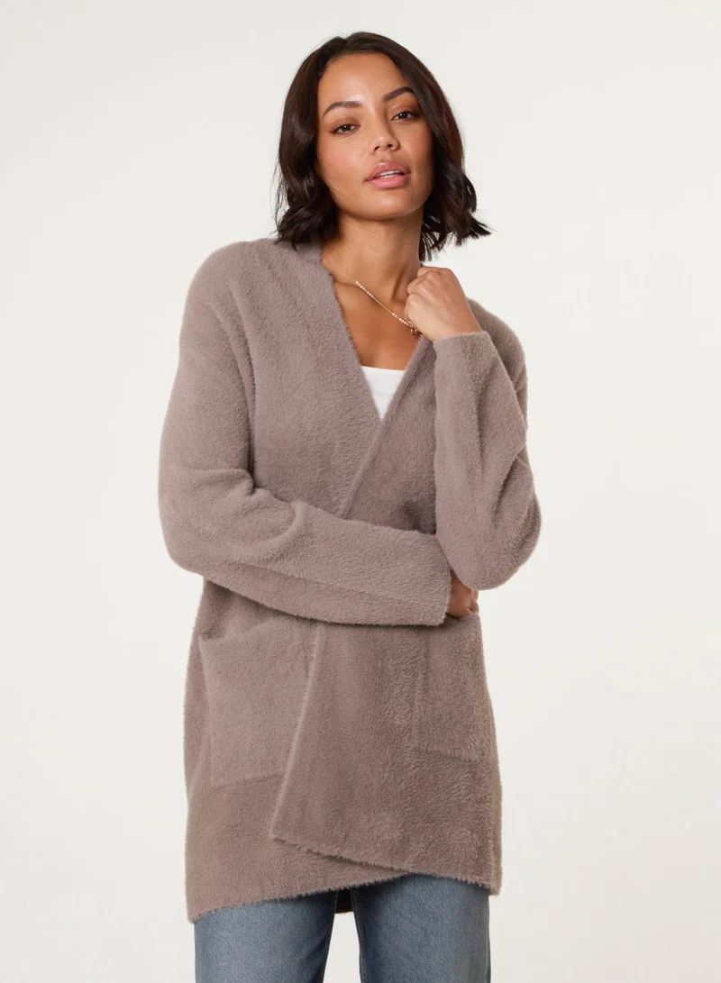 Blue Vanilla Fluffy Fleece Open Midi Cardigan