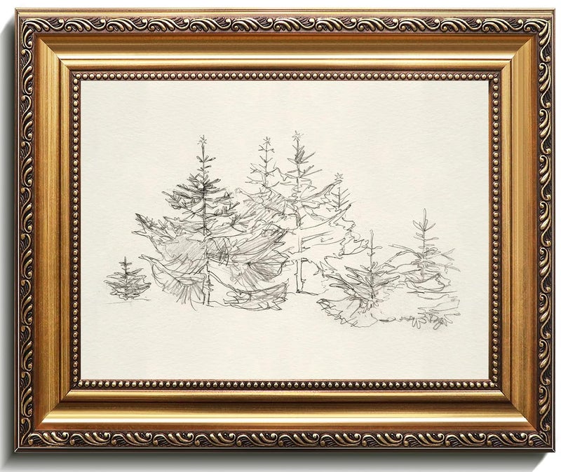 uniro Vintage Gold Framed Wall Art, Vintage Christmas Canvas Art Prints Painting, Antique Pine Tree Sketch Winter Xmas Poster, Neutral Christmas Wall Decor for Bedroom, Living Room, Gallery, Winter Room Decor, Holiday Decoration Gifts - 9x12Inch - Image 1