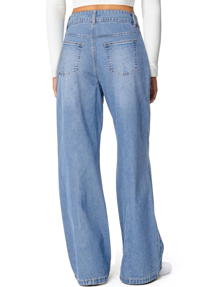 Sidefeel Women's Wide Leg Jeans High Waisted Stretchy Jeans Trendy Seamed Front Straight Leg Loose Denim Pants Iceland Blue Size 12 - Image 2