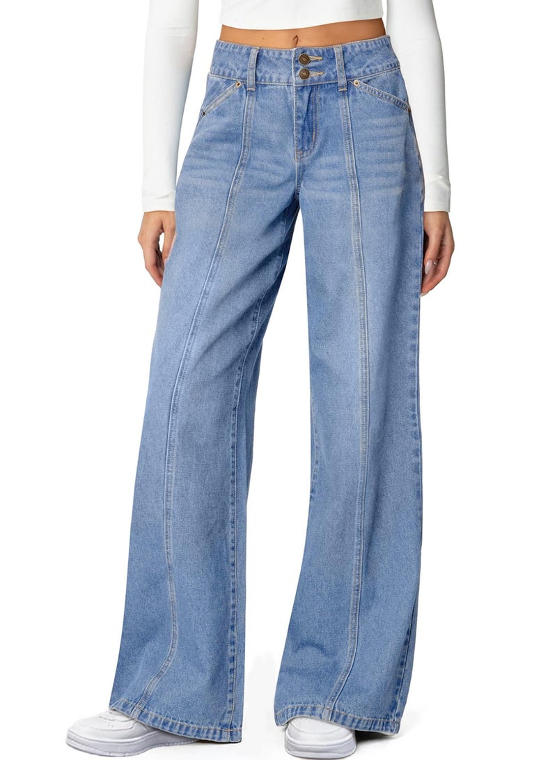 Sidefeel Women's Wide Leg Jeans High Waisted Stretchy Jeans Trendy Seamed Front Straight Leg Loose Denim Pants Iceland Blue Size 12 - Image 1