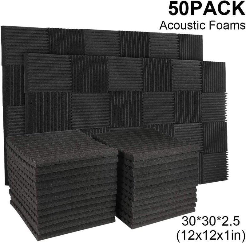 Burdurry 50 Pack Acoustic Panels Soundproof Studio Foam for Walls Sound Absorbing Panels Sound Insulation Panels Wedge for Home Studio Ceiling, 1" X 12" X 12", Black (50PCS Black)