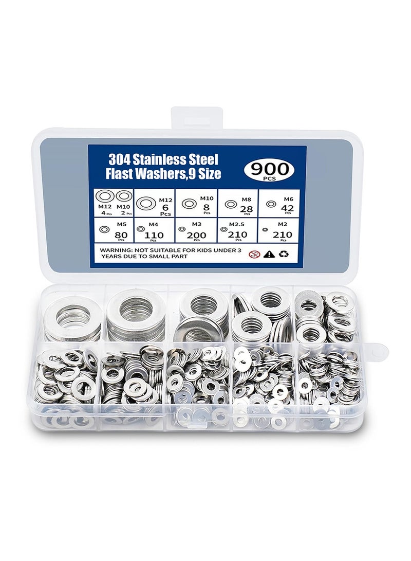 MVAQKLM  900 Pieces of Stainless Steel Washers, Screws, Washers, 304 Stainless Steel, Various Sizes (M2 M2.5, M3, M4, M5, M6, M8, M10, M12) Suitable for Industrial Use, Washers for Screws - Image 1