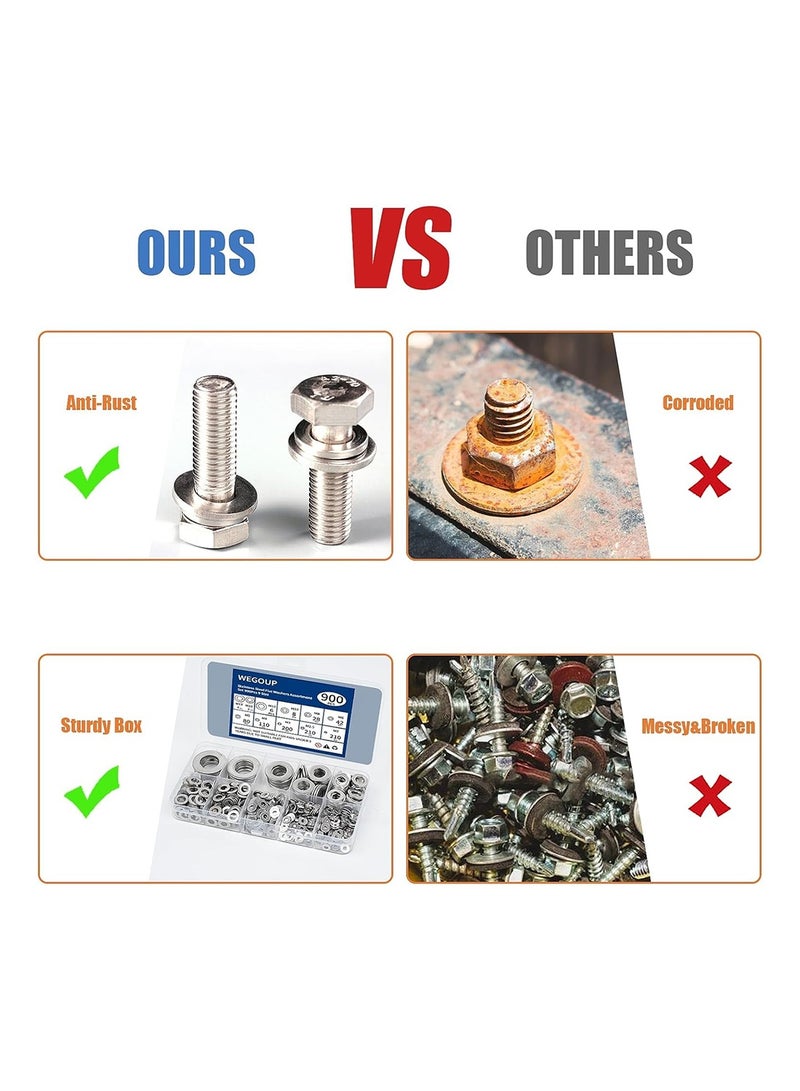 MVAQKLM  900 Pieces of Stainless Steel Washers, Screws, Washers, 304 Stainless Steel, Various Sizes (M2 M2.5, M3, M4, M5, M6, M8, M10, M12) Suitable for Industrial Use, Washers for Screws - Image 4