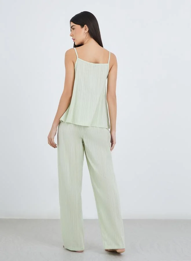 Styli Styli Textured Cotton Stripe Ruched Tie Front Cami and Pyjama Set
