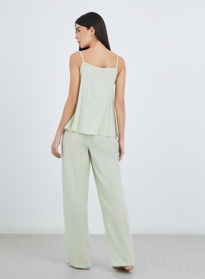 Styli Textured Cotton Stripe Ruched Tie Front Cami and Pyjama Set - Image 5