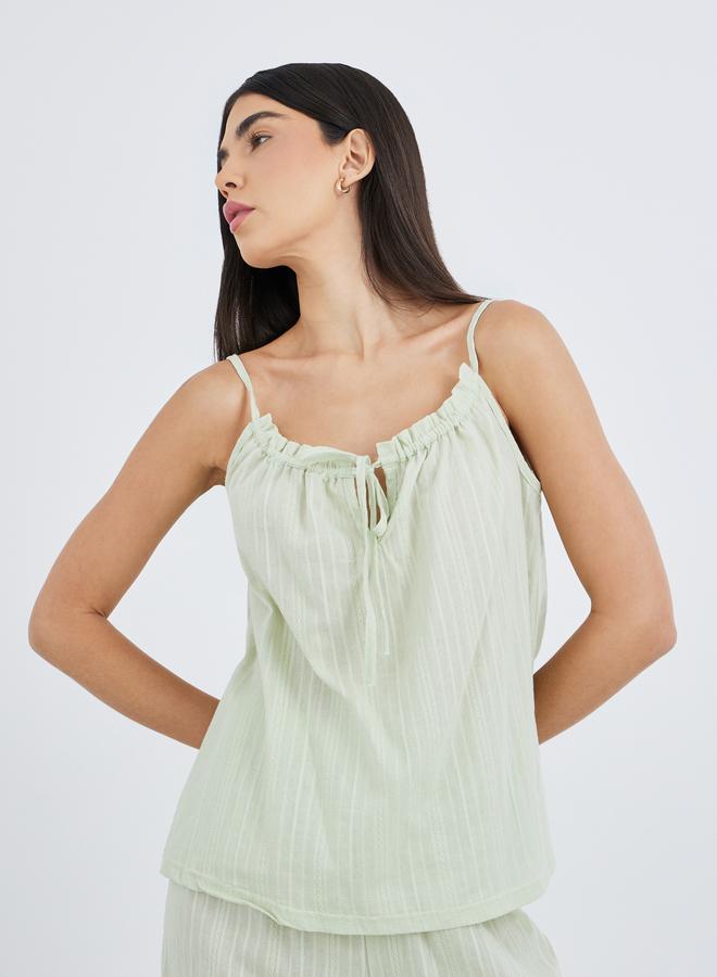 Styli Textured Cotton Stripe Ruched Tie Front Cami and Pyjama Set - Image 2