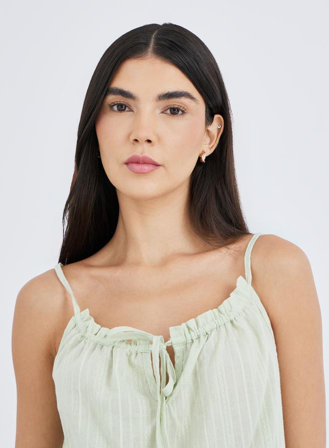 Styli Textured Cotton Stripe Ruched Tie Front Cami and Pyjama Set - Image 3