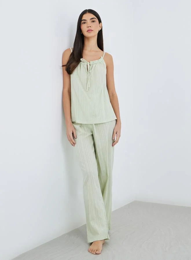 ستايلي Styli Textured Cotton Stripe Ruched Tie Front Cami and Pyjama Set