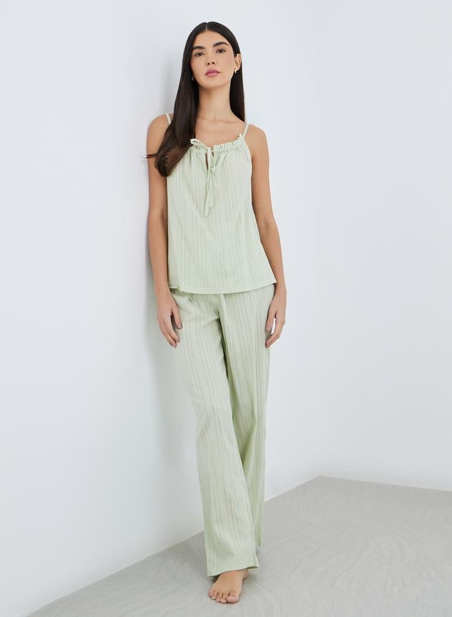 Styli Textured Cotton Stripe Ruched Tie Front Cami and Pyjama Set - Image 1