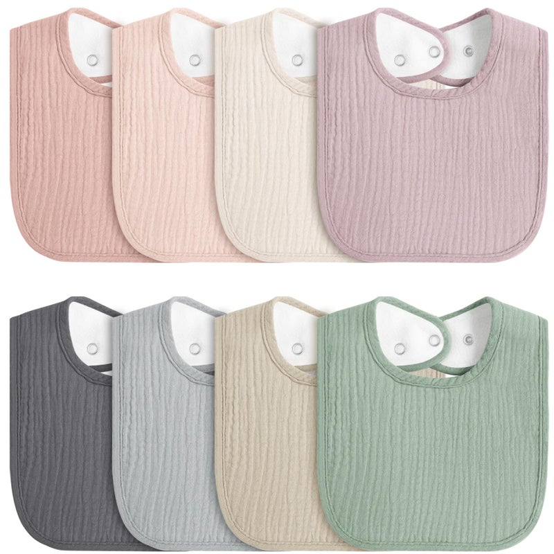 MairMore 8-Pack Baby Muslin Bibs, Soft Cotton Drool Bibs for Boys Girls, Adjustable and Absorbent Newborn Bib Set for Feeding and Drooling - Image 1