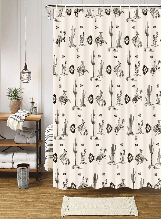 Wathon Western Cowboy Shower Curtain with Cactus Landscape, American Wild West Cowboy on Horse in Desert Bath Curtain Aztec Tribal Navajo Southwestern Theme Bathroom Decor Set with Hooks 70X70IN - Image 1