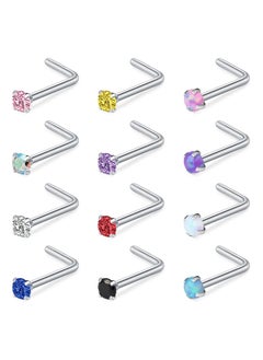 20G Titanium Nose Studs Set - Elegant Opal CZ L-Shaped Nose Rings for Women's Nostril Piercing Jewelry (12 PCS)